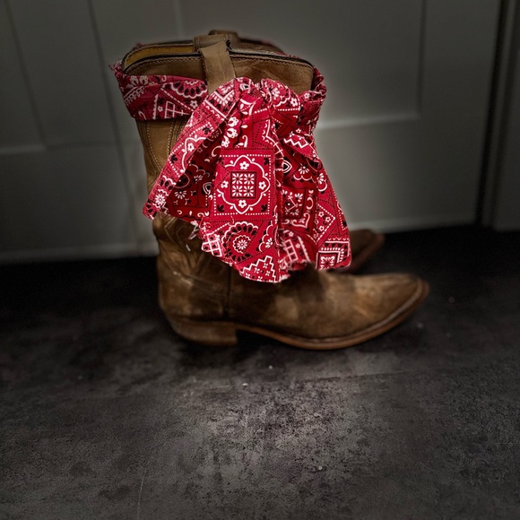 Brown Cowboy Boots with Red Bandana Accent - Picture 1 of 7